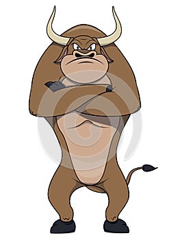Standing Upset Bull Cartoon Color Illustration