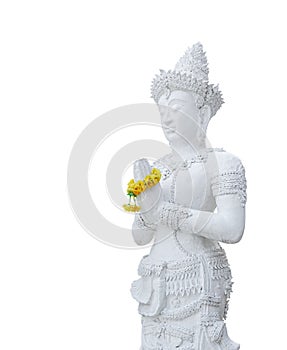 The standing white buddha statue isolated on white background