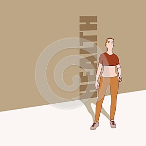 Standing woman. Sport girl casting a shadow of health word. Young woman wearing workout clothes. Sport fashion girl