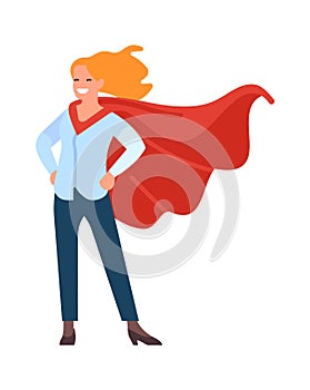 Standing woman in waving cape. Strong superhero character. Girl power concept