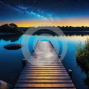 or standing on wooden dock way path at riverside under starry night