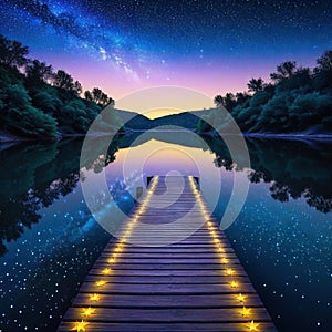 or standing on wooden dock way path at riverside under starry night