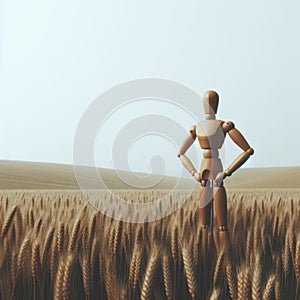 Standing wooden doll on the background of a field.