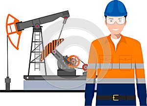 Standing Worker in Work Uniform, Safety Helmet and Oil Pump in Flat Style. Vector Illustration