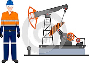 Standing Worker in Work Uniform, Safety Helmet and Oil Pump in Flat Style. Vector Illustration