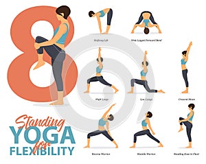 8 Standing Yoga poses for yoga at home in concept of flexibility in flat design. Woman is doing exercise for body stretching. photo