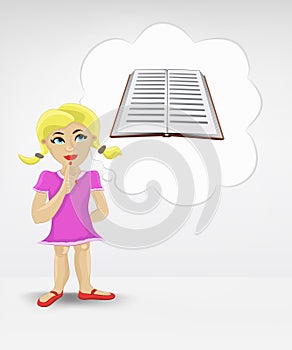 Standing young girl thinking about encyclopedia vector