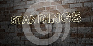 STANDINGS - Glowing Neon Sign on stonework wall - 3D rendered royalty free stock illustration