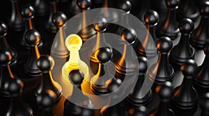 Standout Concept Yellow Glow Pawn Chess Between Black Pawns 3D Render photo