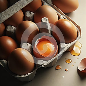 Standout raw egg with yolk among uniform white eggs. Concept of uniqueness and natural food