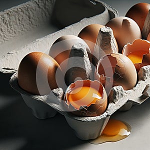 Standout raw egg with yolk among uniform white eggs. Concept of uniqueness and natural food