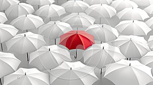 Standout Shelter: Red Umbrella Amidst a Sea of Uniformity