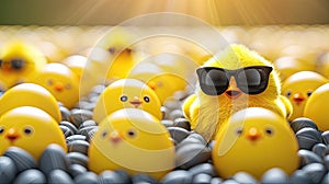 A standout yellow chick among grey chick figures, with sunlight.