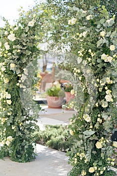 Stands decorated with flowers and herbs for the wedding ceremony