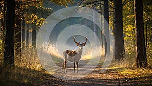 Stands in the middle of a sunlit forest path surrounded by tall trees