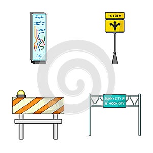 Stands and signs and other web icon in cartoon style.Limiters of traffic icons in set collection.