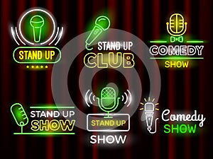 Standup comedy. Open microphone comedian symbols vector neon logotype set