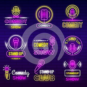 Standup show. Retro microphone comedy club neon logotypes comedian identity vector set collection