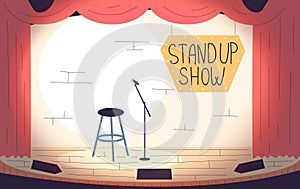 Standup stage. Stand-up event cartoon interior, microphone and stool on theater empty scene with red curtain, comedy