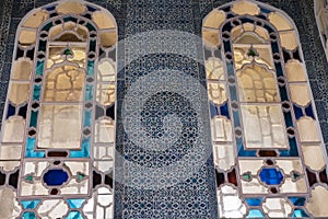 Staned glass windows with the floral ornament in Harem of Topkapi Palace, Istanbul, Turkey