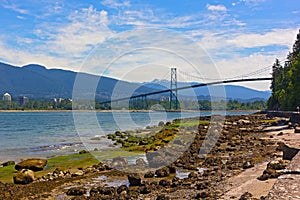 Stanley Park panorama with a view on Lions Gates Bridge and mountains with snow peaks on horizon in Vancouver BC, Canada.