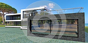 Stanning high tech house. Black brick finishing. Multi-color paving. Blue cloudy sky. 3d render.