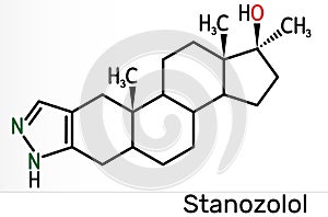 Stanozolol, Stz molecule. It is androgen, synthetic anabolic steroid, used in treating hereditary angioedema. Skeletal chemical