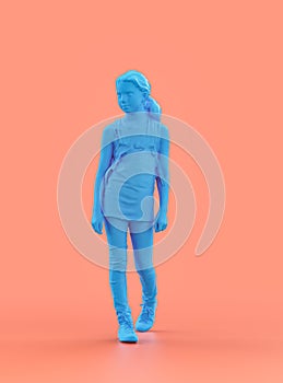 A stanting girl, blue color monochrome person model, single color person, 3d Rendering