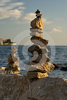 Stapled rocks with ocean background with selected focus and selected blur