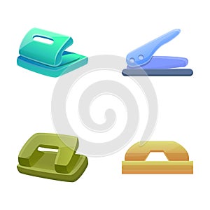 Stapler icons set cartoon vector. Various type and color of hole punch