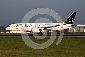 Star Alliance Ethiopian Airlines Boeing 787-8 Dreamliner ET-ATG passenger plane departure and take off at Vienna International