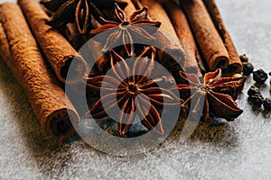 Star anise with cinnamon sticks for Christmas. macro