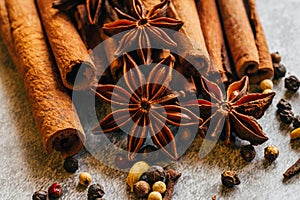 Star anise with cinnamon sticks for Christmas. macro