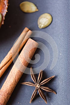 Star anise, cinnamon sticks, pumpkin seeds