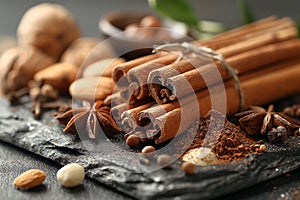 Star anise, cinnamon sticks and various nuts lyin