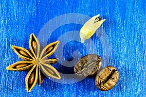 Star anise with coffee beans and kardamon on wooden background