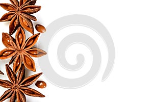 Star anise fruit background with copy space for your idea. Macro close up on white background, top view of chinese badiane spice