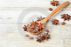 Star anise fruits on the wooden board