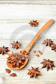 Star anise fruits on the wooden board