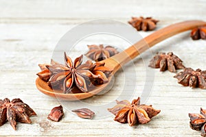 Star anise fruits on the wooden board