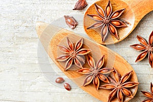 Star anise fruits in the wooden spoon, on the board, top view