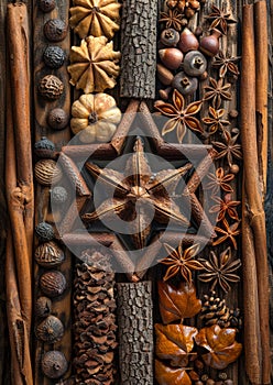 Star anise and other spices on wooden background