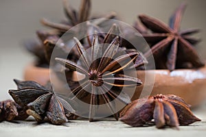 Star anise with and without seed, closed, in a clay plate on a light wooden surface. spice for the recipe. background photo