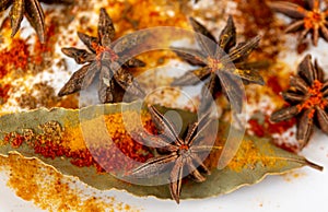 Star anise seeds, bay leaf and colorful spices, closeup