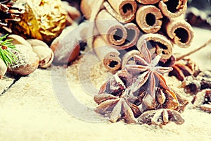 Star anise on a snowy background Christmas decoration with cinnamon, pine cones and spruce branches, brown sugar and