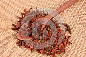 Star anise, wooden spoon