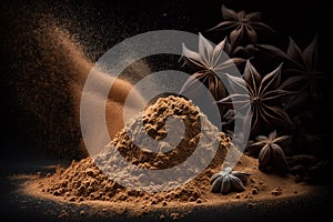 Star anises and anise powder on black background