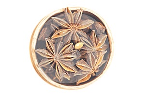 Star anises dried spice fruits top view
