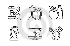 Star, Apple and Touch screen icons set. Marketing strategy, Bitcoin pay and Dirty water signs. Vector