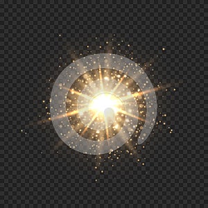 Star burst with sparkles. Golden light flare effect with stars, sparkles and glitter isolated on transparent background